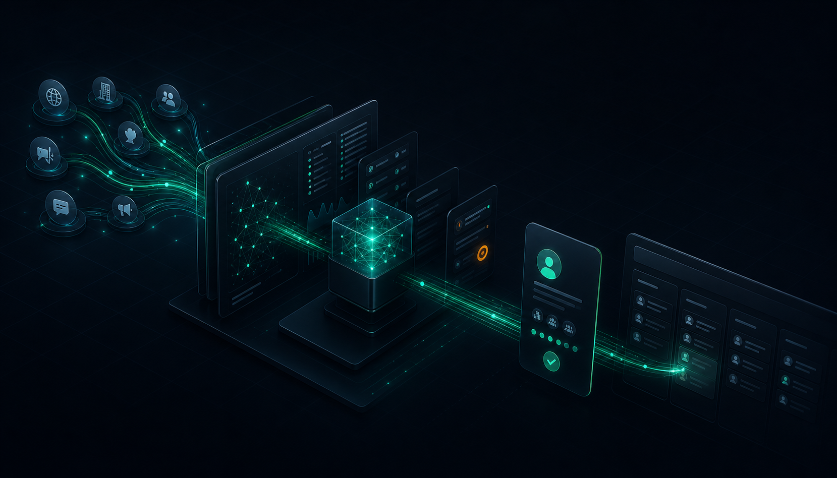 Lead sources flowing through AI qualification into a focused Lyonis Lead Finder pipeline
